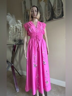 Pink Embroidered V-Neck Maxi Dress